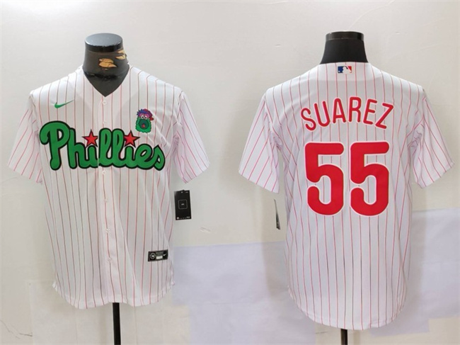 Men's Philadelphia Phillies #55 Ranger Suárez White/Green Cool Base Stitched Jersey Men's Philadelphia Phillies #55 Ranger Suárez White/Green Cool Base Stitched Jersey